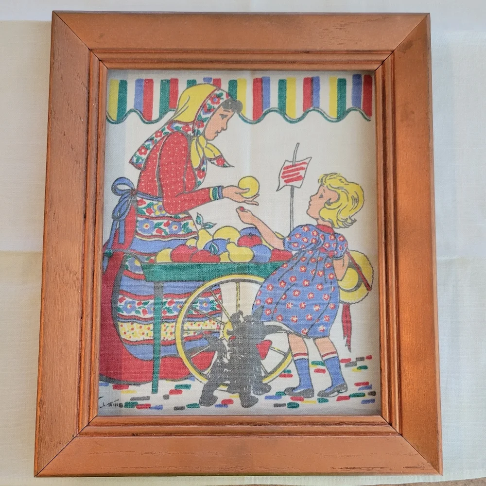 Vintage Tom Lamb Tea Towel ~ Girl at Market ~ 1940s - MCM ~ Colorful!